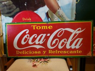 Vintage Wwii 1940 Coca Cola Porcelain Sign Antique Soda Fountain Diner Spanish