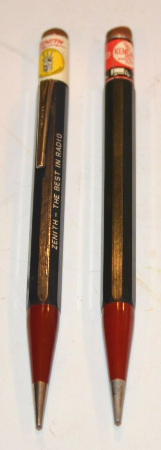 2 Vintage Kendall Oil & Zenith Radio Novelty Advertising Top Mechanical Pencils