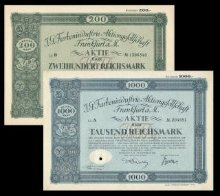 Ig Farben - Wwii Corporate War Criminals - Two Stock Certificate Set Vf,