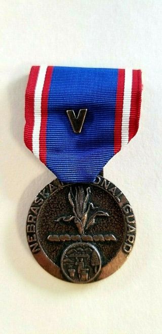 Vintage Copper Nebraska National Guard Faithful Service Medal,  Ribbon & " V "