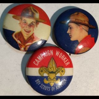 3 Orig Boy Scouts Of America Bsa Cello Pinback Buttons Campaign Worker & 2 More