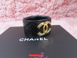 Vintage 1997 Chanel Black Quilted Leather Gold Cc Bracelet