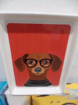 Hipster Ceramic Dachshund Wiener Dog Glasses Trinket Tray Plate Magenta