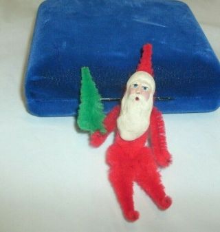 Christmas Chenille Santa,  Green Tree,  Composition Face And Beard3 1/4 "