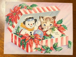 1950 Vintage Die Cut Christmas Card Cat Kitten Snowman Mistletoe Holly
