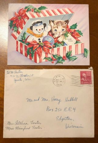 1950 vintage die cut Christmas card cat kitten snowman mistletoe holly 2
