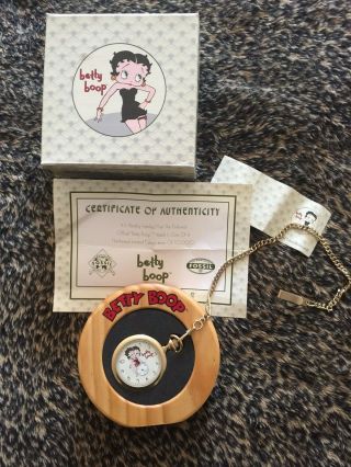 Limited Edition Fossil Betty Boop Pocket Watch With Wood Stand