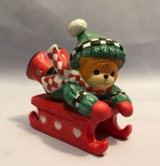 Lucy And Me Christmas Bear Boy Green Red Sled Snow Figures Enesco 1997 G17