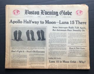 July 17,  1969 Boston Evening Globe,  Apollo 11 - Halfway To Moon Nasa Newspaper