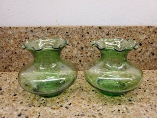 2 Collectible Vintage Green Glass Bulb Forcing / Starting Vase Fluted Edge.