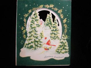 Vintage " 3 - D Look Christmas Scene " Christmas Greeting Card