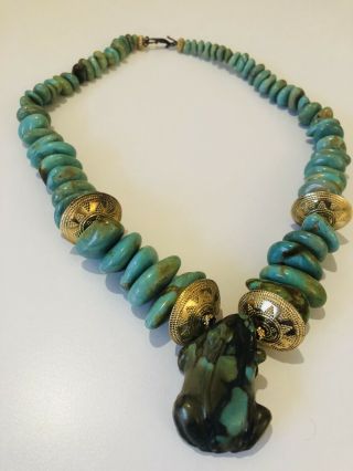 Amy Kahn Russell Vintage Hand Carved Turquoise & Ss Frog Necklace
