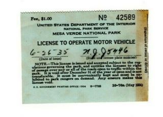 1935 License To Operate Motor Vehicle Mesa Verde National Park Mv2