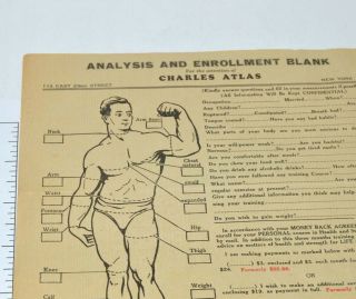 Charles Atlas Vintage Enrollment and Analysis Sheet Health Strength Course 2