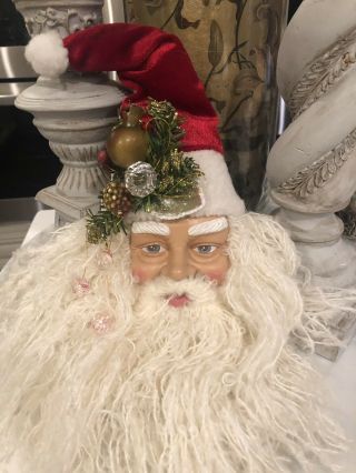 Ceramic Christmas Santa Head Velvet Hat Wreath Yarn Beard Decorative Ornament