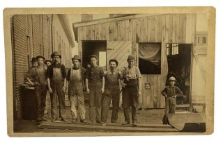 Vintage 1900s Wood Shed Workmen Overalls Aprons Child Labor Photo