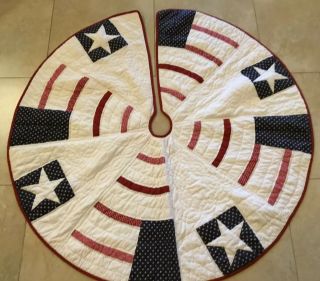 Christmas Tree Skirt,  Patchwork Stars And Stripes,  Red,  White,  Navy Blue