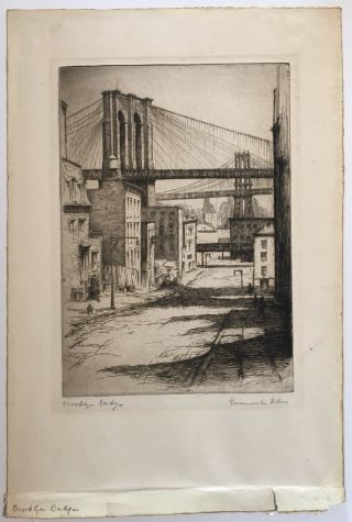 1930 Brooklyn Bridge NYC etching by Rosamond Niles,  pencil signed 2