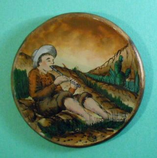Reverse Glass Painting Small 4 " Antique Wall Hanging - Boy W Flute