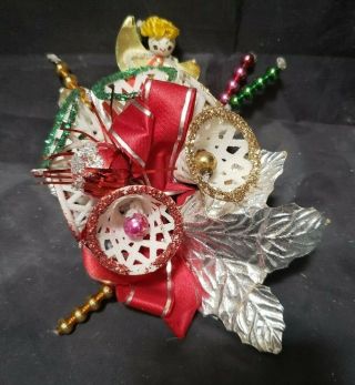 Vintage Christmas Corsage - Bells Mercury Glass Balls Tinsel & Silver Leaves