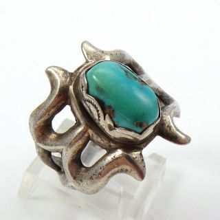 Vtg Native American Sterling Silver Old Pawn Turquoise Sandcast Ring Sz 9.  5 Lfh4