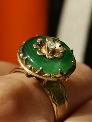 Vintage Solid 14k Gold Imperial Green Jadeite Jade Donut Diamond Art Deco Ring