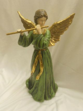 Christmas Angel Green And Gold Angel Playing The Flute 14 1/4 " Tall