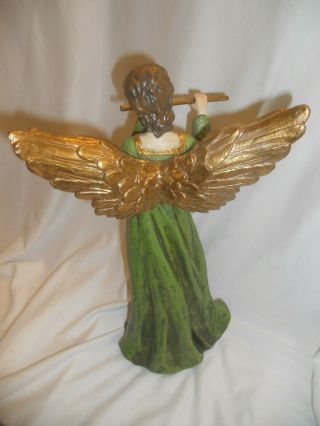Christmas Angel Green and gold Angel playing the flute 14 1/4 