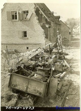 Press Photo: Powerful Us Truck Destroyed By German Artillery; Ensheim 1945