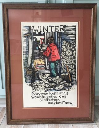 Mary Azarian Vintage 1981 Colored Woodblock Art Print “winter” Thoreau Quote