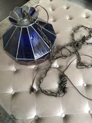 Vtg Tiffany Style Hanging Swag Lamp Plugin Chandelier Retro Stained Glass Blue