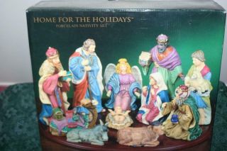 1993 Home For The Holidays 12 Piece Porcelain Nativity Set W/ Wood Base Mib