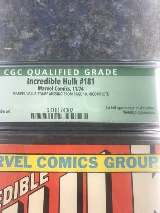 Marvel ' s Incredible Hulk 181 Comic Book CGC Graded Q4.  5 VG,  OW/W PLEASE READ 3