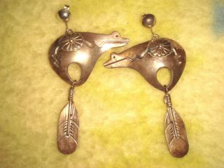 Vtg.  Old Pawn Navajo Long 2 5/8 " Sterling Silver Frog Feather Dangle Earrings Ec