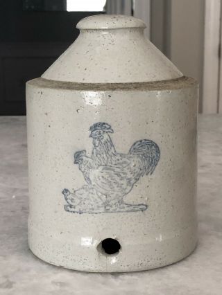 Vintage Stoneware Pottery Rooster / Chicken Water Feeder Crock Blue Farm