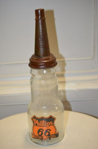 Vintage Style Phillips 66 Motor Oil 1 Quart Glass Oil Bottle W Spout & Dust Cap