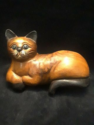 Vintage Carved Wood Wooden Cat Kitty Figurine Large Statue With Blue Eyes.