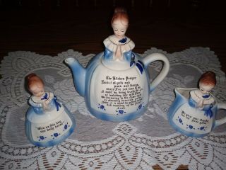 Enesco Mother In The Kitchen Prayer Lady Blue Teapot,  Creamer,  Sugar W/lid