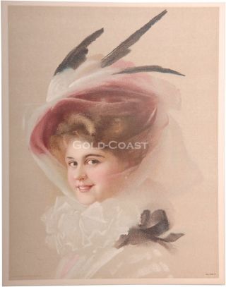 Woman W/veil & Feathered Hat 1910 Victorian Color Litho Print / Chromolithograph