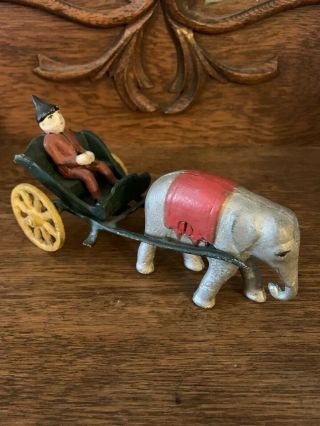 Orig Old Cast Iron Elephant Pulling A Wagon & Man 6 - 1/2” Hidden Compartment