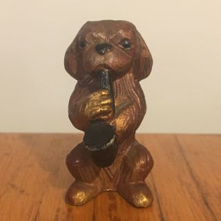 Vtg Doll House Miniature Cast Iron Beagle Dog Playing Saxophone