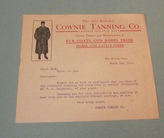 1913 Cownie Tanning Co.  Fur Coats And Robes Advertising Letter Des Moines Iowa