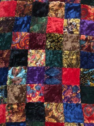 Old Vintage Patchwork Velvet Quilt King Size Huge Crazy Colorful Quilt