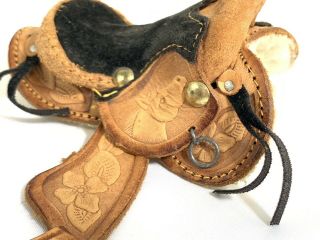 Tiny 4” Vintage Miniature Leather Western Horse Saddle Toy Tooled Horse Heads