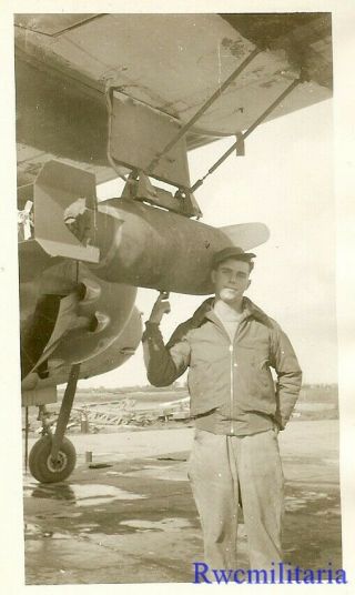 Org.  Photo: Us Airman Posed By A - 20 Bomber W/ Bomb Mounted On Wing