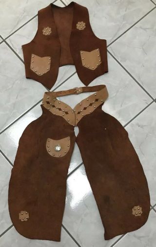 Vintage - Childs Western Cowboy Suede Leather Chaps Vest Kids Outfit