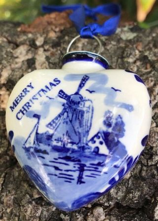 Delft Style Blue White Nautical Windmill Floral Heart Christmas Ornament Ceramic