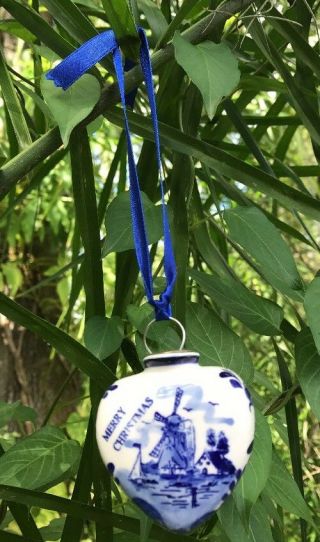 Delft Style Blue White Nautical Windmill Floral Heart Christmas Ornament Ceramic 2