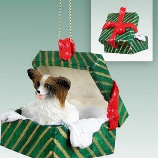 Papillon Brown White Dog Green Gift Box Holiday Christmas Ornament