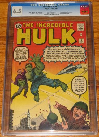Incredible Hulk 3 Cgc 6.  5 F,  Ow Unrestored Origin 1962 Jack Kirby Marvel Comics